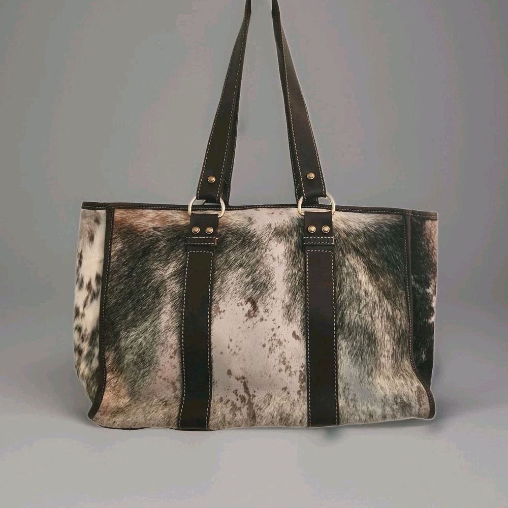 VTG 90s Kelle Pollock Cowhide Leather Satchel Bag Western Hobo Tote Hair on Hide